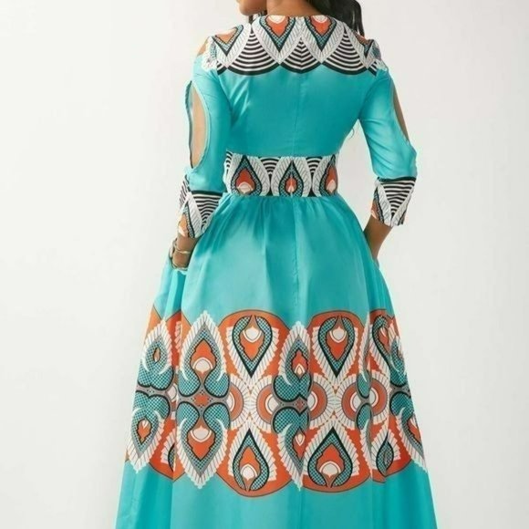 Beautiful abstract Teal summer maxi dress With Cold Shoulder Sleeves Size XL - Picture 8 of 10